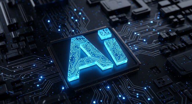 Closeup of a glowing blue ai logo on a dark, intricate circuit board, symbolizing artificial intelligence and technology