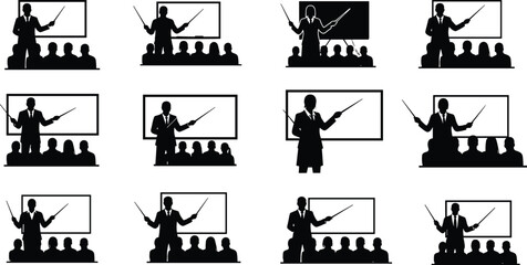 Presenter silhouette teaching audience, classroom training concept, black vector icons, education scene, public speaking pose, instruction board, learning session