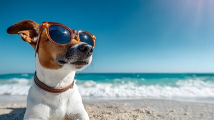 Small terrier type dog wearing protective eyewear rests on a sandy shore beside bright blue ocean water.