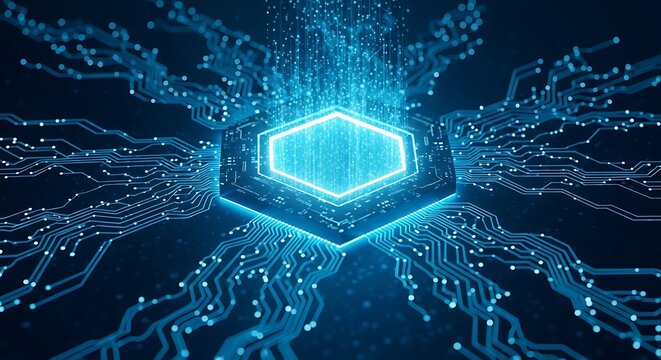 Abstract glowing blue hexagon chip with intricate circuitry and data streams, representing artificial intelligence and technology