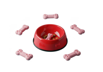 Pink dog bone treats surrounding a red food bowl isolated on transparent background