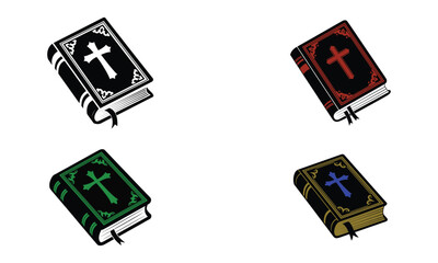 Colorful holy book icon set with cross symbol on white background  
