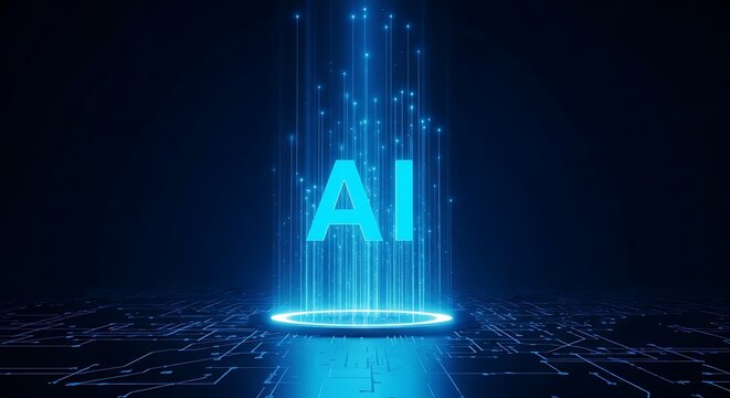 Glowing blue ai logo emerging from a digital platform with light beams ascending into darkness, symbolizing artificial intelligence