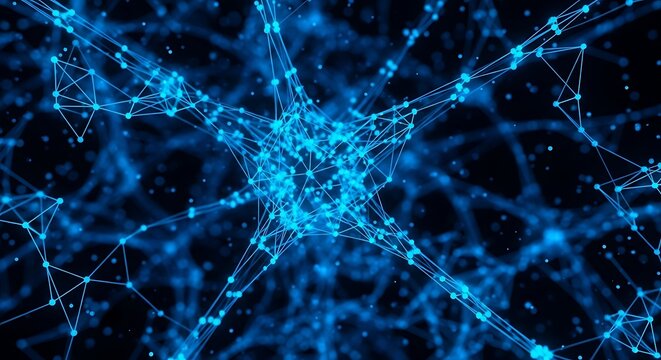 Abstract visualization of a neural network with glowing blue nodes and connections against a dark background, representing complex data structures and artificial intelligence