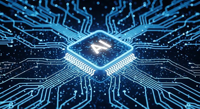 Abstract visualization of a glowing blue ai chip on a circuit board, representing artificial intelligence and technology