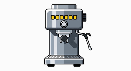Modern Espresso Machine Illustration: Sleek Silver Coffee Brewer with Yellow Buttons