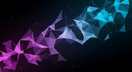 Abstract network of glowing purple and blue polygons against a dark background, representing data connections and digital concepts