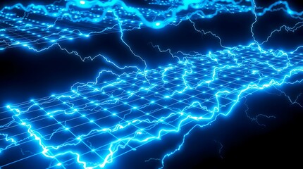Obraz premium Glowing blue grid with lightning on a dark background