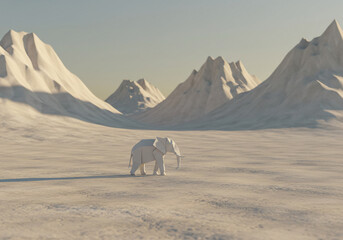 A solitary white elephant stands in a desolate, snow-covered landscape with mountains.