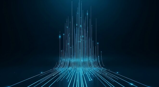 Abstract visualization of flowing blue digital data streams converging and ascending against a dark background, representing information transfer and connectivity