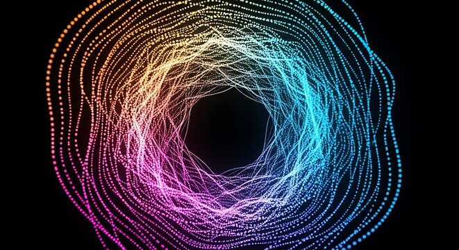 Abstract colorful swirling particle tunnel effect with vibrant neon lights on a black background, a mesmerizing visual journey - Powered by Adobe