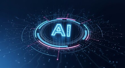 Futuristic ai digital interface with glowing blue and pink circuits on a dark blue background, representing artificial intelligence and technology