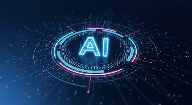 Futuristic ai digital interface with glowing blue and pink circuits on a dark blue background, representing artificial intelligence and technology - Powered by Adobe