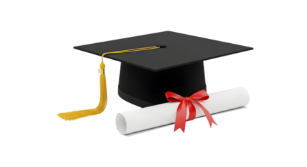 Graduation Cap and Diploma Scroll Tied with Red Ribbon on White Background mortarboard academic isolated on a transparent background