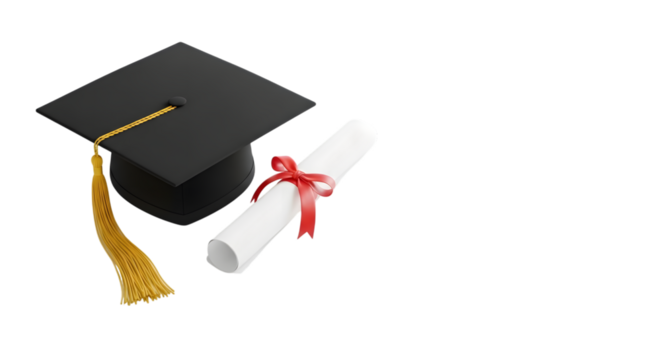 Graduation Cap and Diploma with Red Ribbon on Black Background Keywords: graduation, cap, diploma, degree, certificate, academic, education isolated on a transparent background