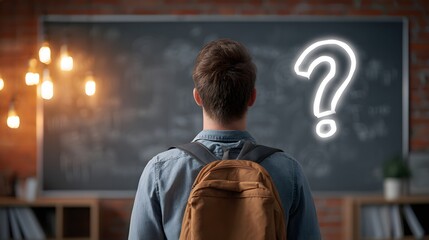 Young person with backpack faces glowing question mark on classroom chalkboard