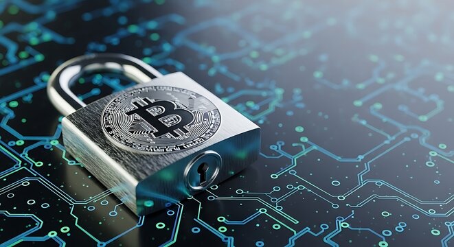 Conceptual image of a secure padlock with a Bitcoin symbol resting on a digital circuit board, representing cryptocurrency and blockchain security