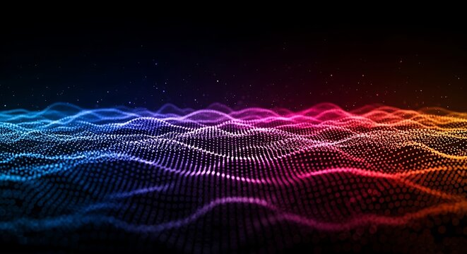 Abstract glowing digital wave of particles in vibrant rainbow colors, a futuristic data visualization concept