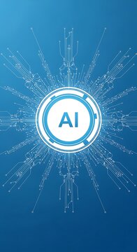 Abstract digital illustration of artificial intelligence with glowing circuits radiating from a central ai logo on a blue background