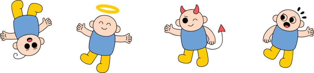 Cartoon emotion characters, angel devil surprise anger, expressive moral icons, blue outfit figures, character pose set, isolated white background