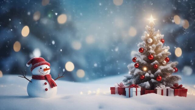 A charming snowman stands beside a beautifully decorated Christmas tree with presents in a magical snowy winter wonderland scene.