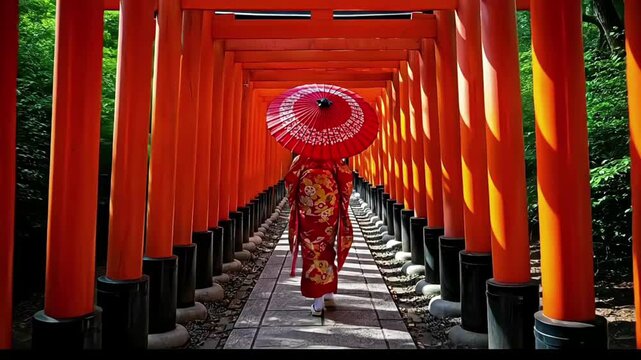A woman in a kimono walks through vibrant red torii gates.