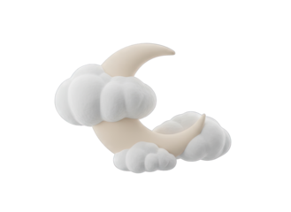 Stylized Crescent Moon Shape Composed of Soft White Clouds Against a Transparent Background