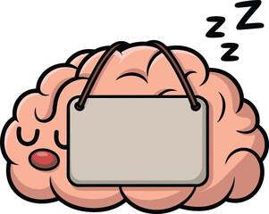 Sleeping brain cartoon, mental rest concept, relaxed mind illustration, cognitive health, funny neuroscience art, blank sign, Zzz symbol, stock graphic