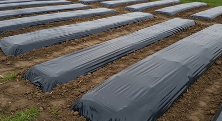 Agricultural field with prepared soil beds covered in black plastic mulch for planting crops.