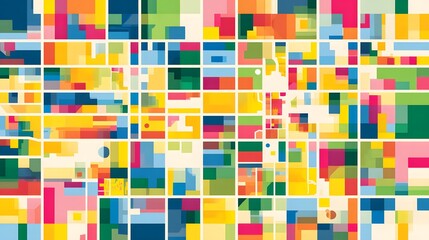 Vibrant mosaic of overlapping and adjacent geometric shapes forms an abstract composition