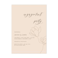 Engagement party invitation template with large, continuous single-line drawings of magnolia flowers on a soft brown background