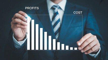 Business analytics graph showing declining profits and rising costs chart data