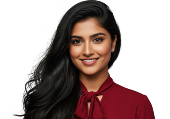 Young woman with dark hair smiling isolated on transparent background