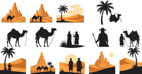 Desert life silhouettes, camel caravan, nomadic culture, rocky formations, palm trees, sun and moon, black vector, travel icons, traditional attire, desert landscape, Middle Eastern theme © Hasem Creative