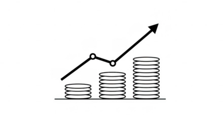 Growing stack of coins with upward arrow showing financial growth and investment success isolated on transparent background