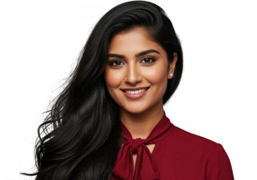 Young woman with dark hair smiling isolated on transparent background