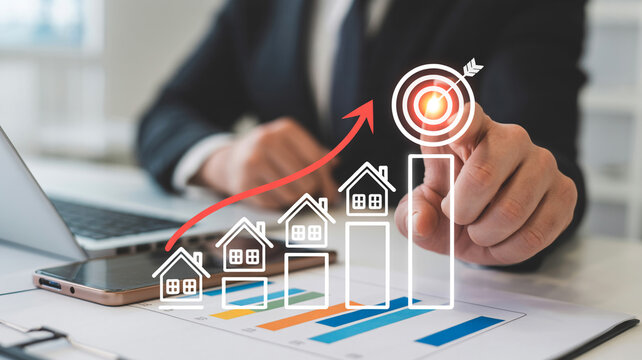 Business professional pointing at rising graph with houses and target image
