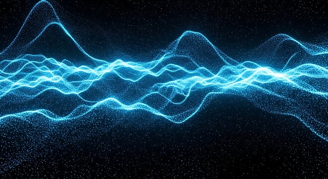 Abstract glowing blue waveform made of particles against a dark background, representing data or sound