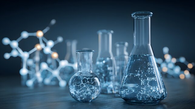 Laboratory glassware containing liquids stands before illuminated molecular structures in a dark setting