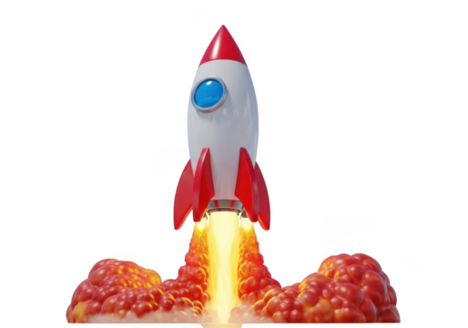 Cartoon rocket launching with fiery exhaust isolated on transparent background