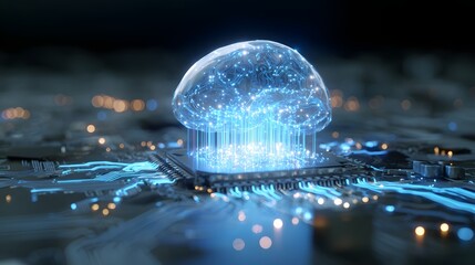 Glowing digital brain structure emerges from a complex computer processing unit