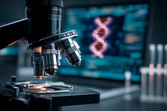 Close-up of a microscope with DNA structure on screen and test tubes behind it, concept for genetic research, pharmaceutical development and medical diagnostics