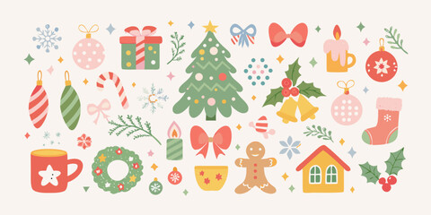 Collection of cute hand drawn christmas and winter holiday elements and decorations