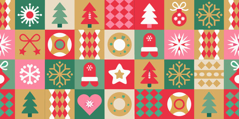 Retro christmas geometric pattern with festive icons and repeating motifs