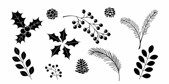Collection of black silhouette christmas and winter botanical elements including holly berries pine cones and evergreen branches