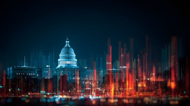 Illuminated neoclassical governmental structure glows behind abstract cityscape light trails at night