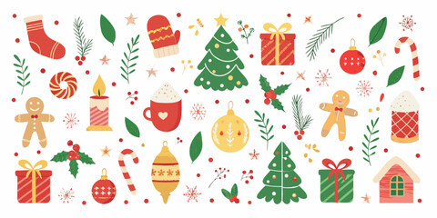 Collection of festive christmas elements including trees gifts ornaments and gingerbread cookies on a white background