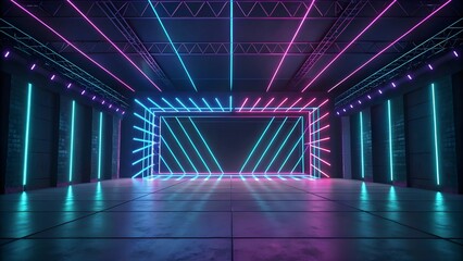 Neon Cyberpunk Stage with Colorful Lights and Reflective Floor Space