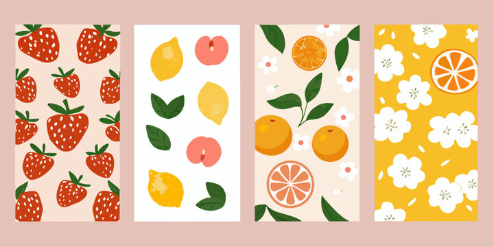 Vibrant collection of fresh fruits and flowers in a playful hand drawn style