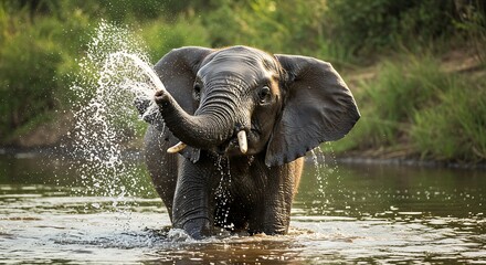 An African elephant sprays water from its trunk while standing in a river surrounded by lush greenery.